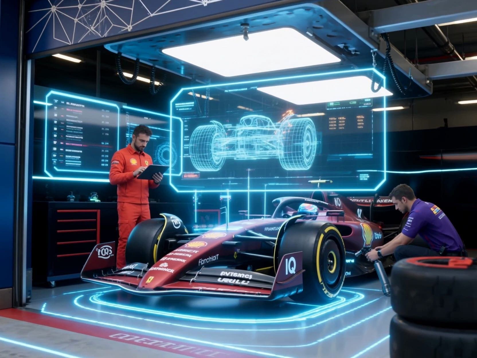A race car under a glowing wireframe of its own data, with a crew working beside it