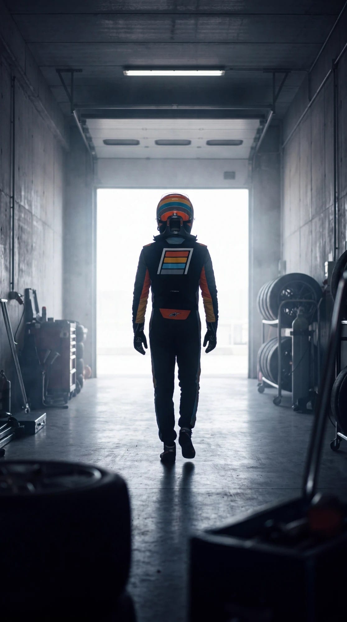 A driver in a racing suit and helmet walking through a garage toward the light, tire racks on either side