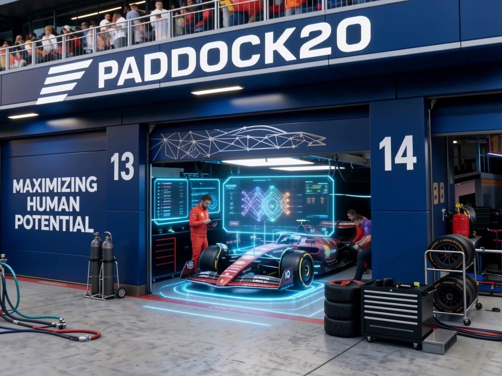 A rendered image made for the Paddock20 brand: a race car under a glowing data display in a pit garage, a crew at work and a crowd on the balcony above