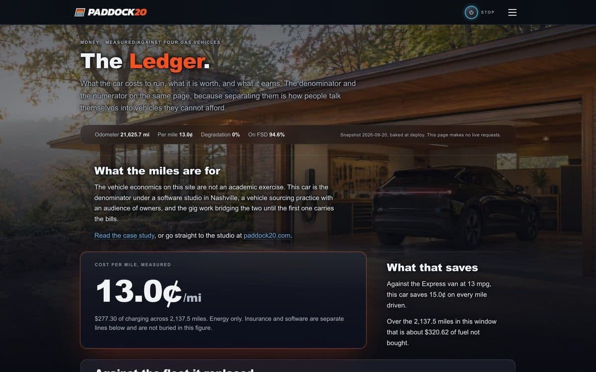 The Paddock Garage ledger page: what the miles are for, and a measured cost of 13.0 cents a mile.