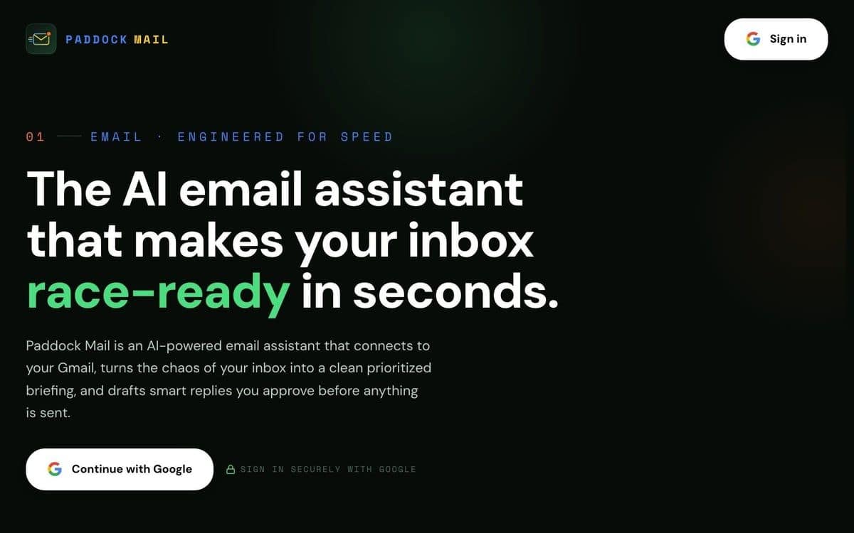 The Paddock Mail home page: its headline, a short description of how it works with Gmail, and a Continue with Google button.