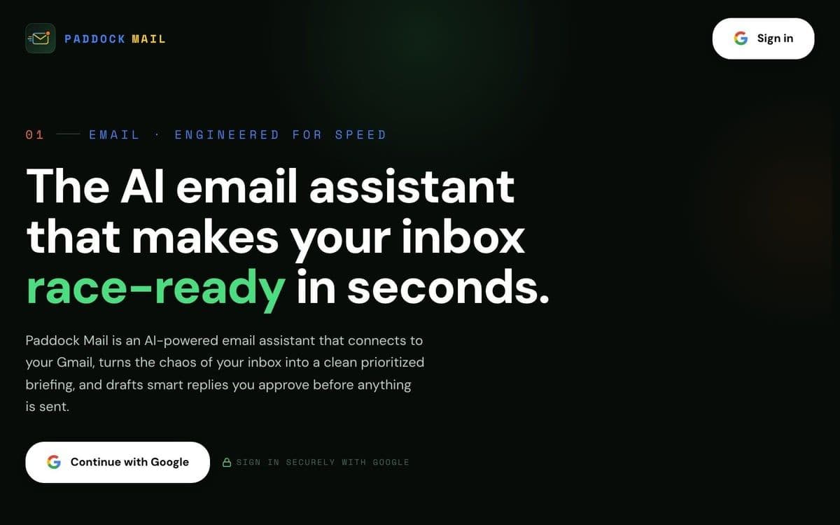 The Paddock Mail home page: the AI email assistant that makes your inbox race-ready in seconds.