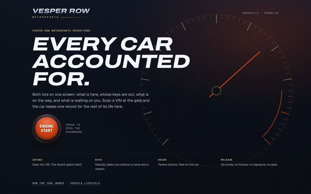 The Paddock Ops demo cover for a made-up dealership: Every car accounted for, above an engine-start button.