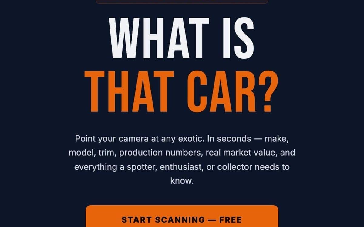The SupercarIQ home page: the headline What is that car? above a Start scanning button.
