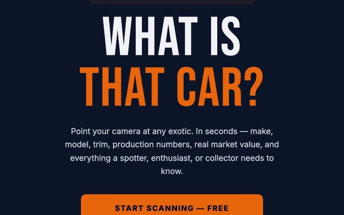 The SupercarIQ home page: the headline What is that car? above a Start scanning button.